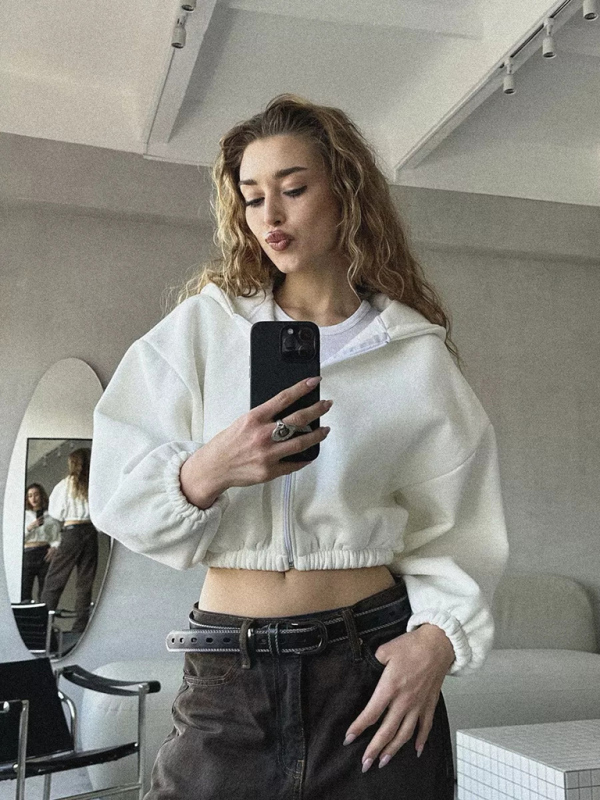 Casual Women's Solid Color Hoodie Long Sleeve Cropped Jacket Zipper Cardigan Sweatshirt-chiquechics