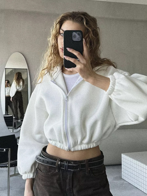 Casual Women's Solid Color Hoodie Long Sleeve Cropped Jacket Zipper Cardigan Sweatshirt-chiquechics