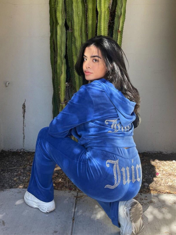 Women's casual solid color letter hot diamond sportswear long-sleeved hooded sweatshirt loose trousers two-piece suit-chiquechics