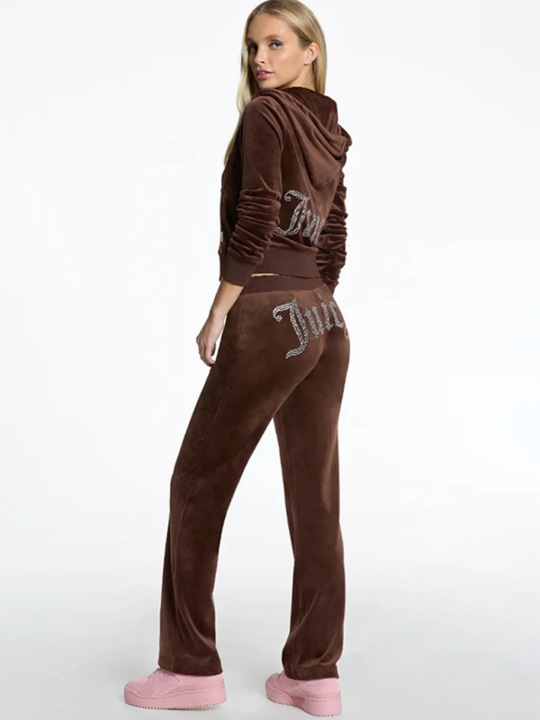 Women's casual solid color letter hot diamond sportswear long-sleeved hooded sweatshirt loose trousers two-piece suit-chiquechics
