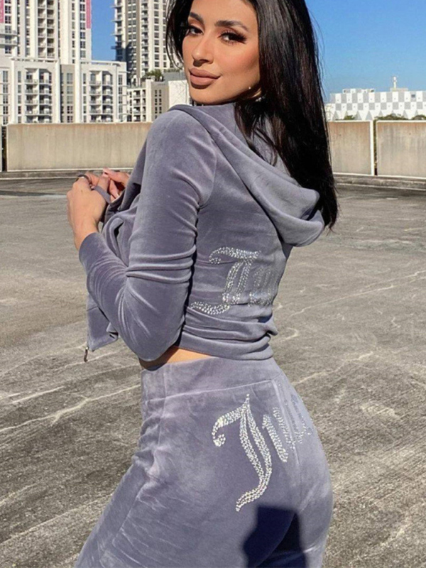 Women's casual solid color letter hot diamond sportswear long-sleeved hooded sweatshirt loose trousers two-piece suit-chiquechics