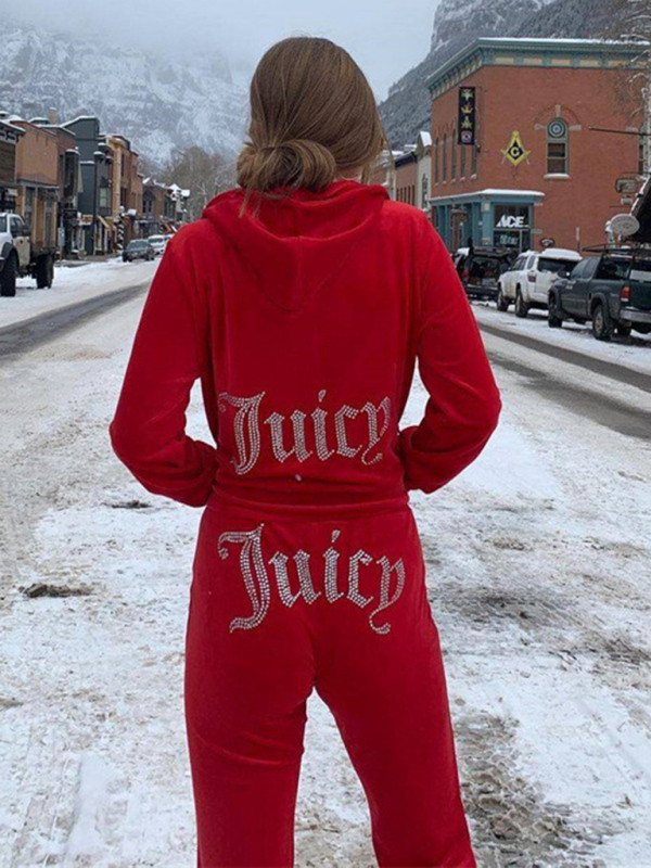 Women's casual solid color letter hot diamond sportswear long-sleeved hooded sweatshirt loose trousers two-piece suit-chiquechics