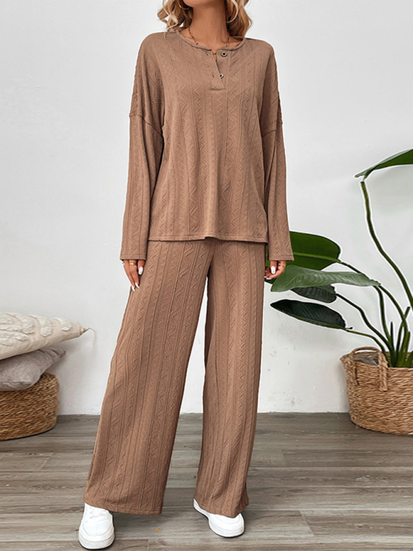 New casual texture wide-leg pants two-piece suit round neck home long pants set-chiquechics