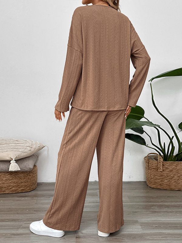 New casual texture wide-leg pants two-piece suit round neck home long pants set-chiquechics