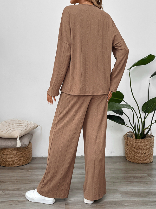 New casual texture wide-leg pants two-piece suit round neck home long pants set-chiquechics