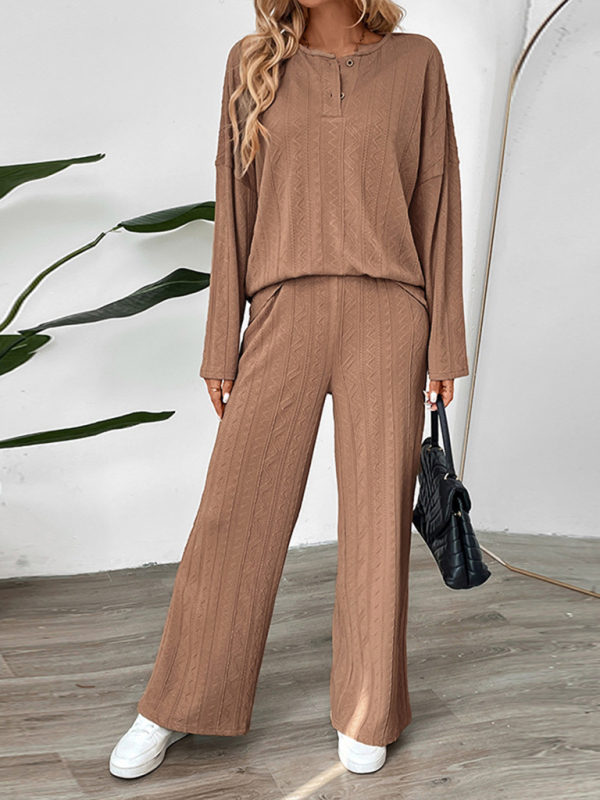 New casual texture wide-leg pants two-piece suit round neck home long pants set-chiquechics