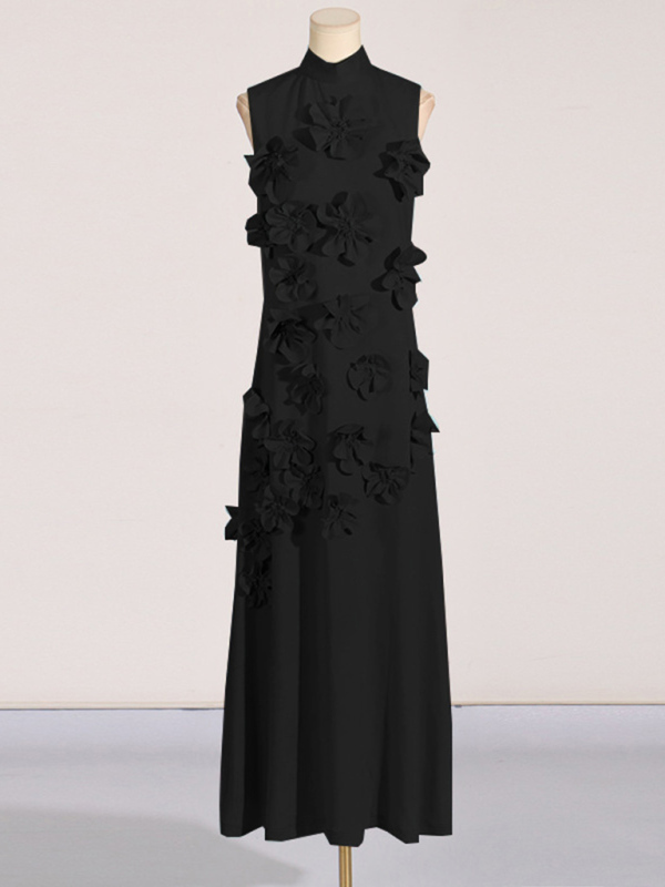 Women's Stand Collar Sleeveless Solid Color Three-Dimensional Flower Collage Design Long Dress-chiquechics