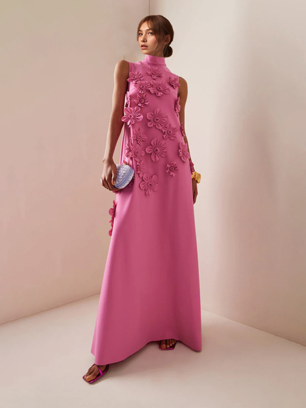Women's Stand Collar Sleeveless Solid Color Three-Dimensional Flower Collage Design Long Dress-chiquechics