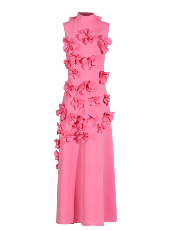 Women's Stand Collar Sleeveless Solid Color Three-Dimensional Flower Collage Design Long Dress-chiquechics