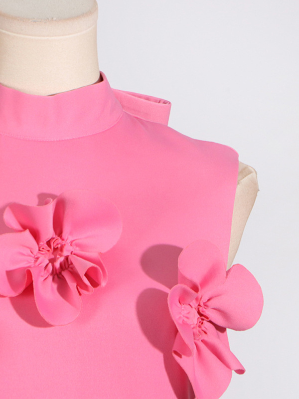 Women's Stand Collar Sleeveless Solid Color Three-Dimensional Flower Collage Design Long Dress-chiquechics