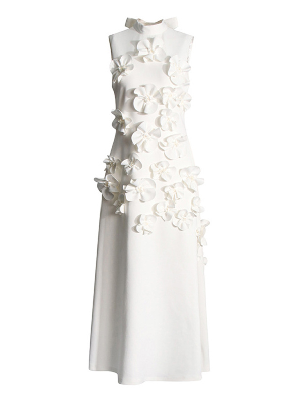 Women's Stand Collar Sleeveless Solid Color Three-Dimensional Flower Collage Design Long Dress-chiquechics