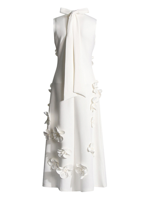 Women's Stand Collar Sleeveless Solid Color Three-Dimensional Flower Collage Design Long Dress-chiquechics