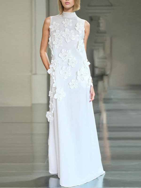 Women's Stand Collar Sleeveless Solid Color Three-Dimensional Flower Collage Design Long Dress-chiquechics