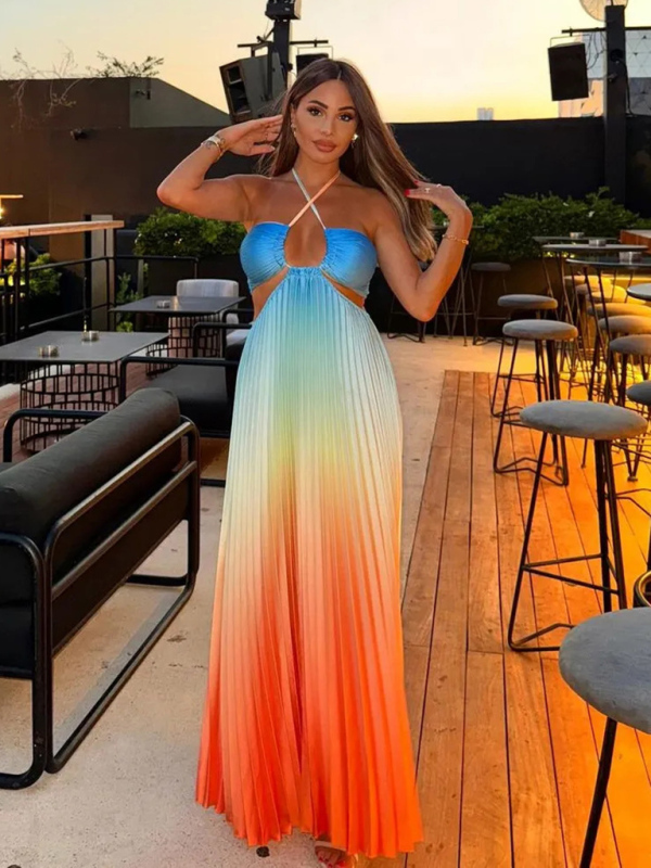 Gradient color halter neck pleated fashion long skirt ladies beach holiday dress-chiquechics