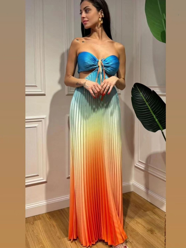 Gradient color halter neck pleated fashion long skirt ladies beach holiday dress-chiquechics