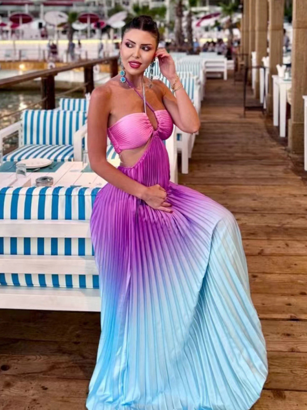 Gradient color halter neck pleated fashion long skirt ladies beach holiday dress-chiquechics