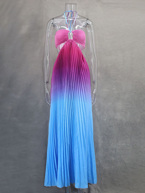 Gradient color halter neck pleated fashion long skirt ladies beach holiday dress-chiquechics