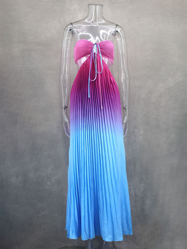 Gradient color halter neck pleated fashion long skirt ladies beach holiday dress-chiquechics