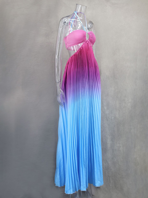Gradient color halter neck pleated fashion long skirt ladies beach holiday dress-chiquechics