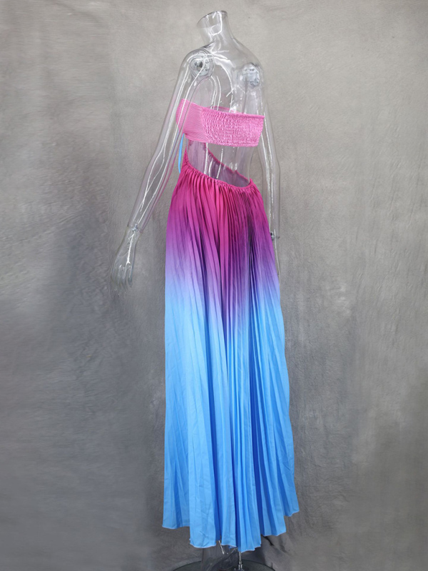 Gradient color halter neck pleated fashion long skirt ladies beach holiday dress-chiquechics