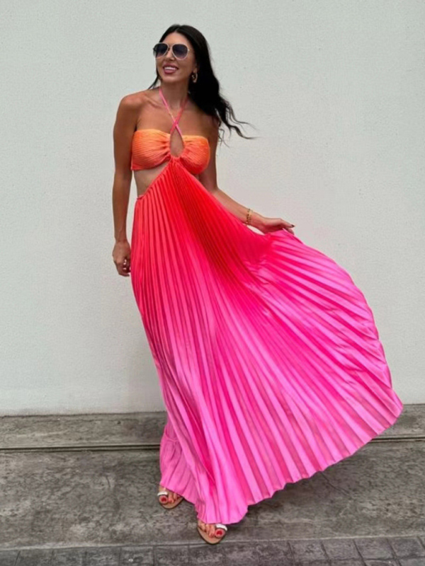 Gradient color halter neck pleated fashion long skirt ladies beach holiday dress-chiquechics