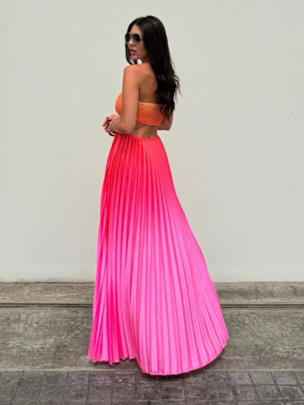 Gradient color halter neck pleated fashion long skirt ladies beach holiday dress-chiquechics