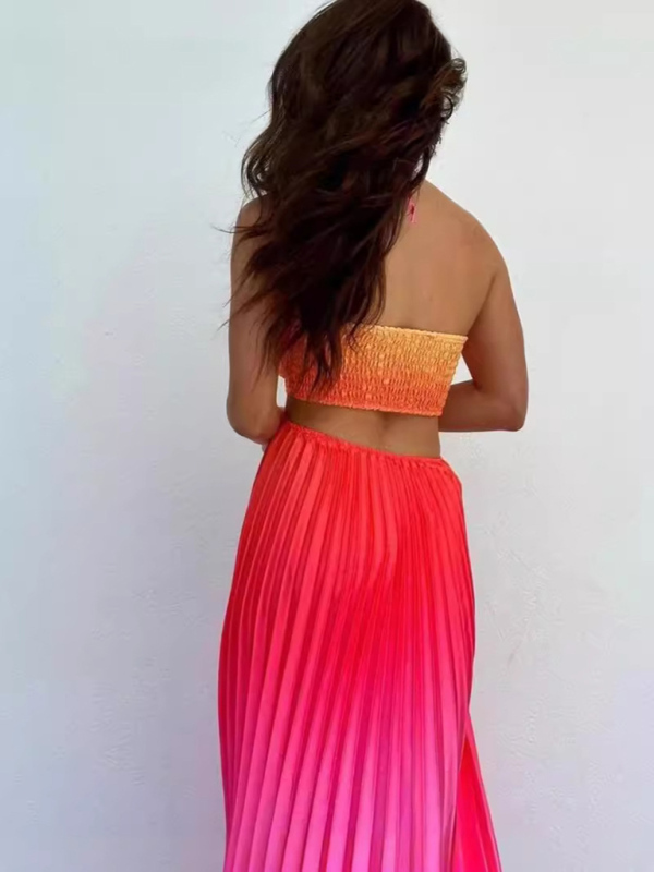 Gradient color halter neck pleated fashion long skirt ladies beach holiday dress-chiquechics