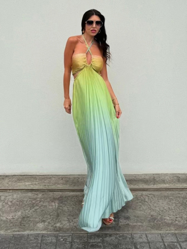 Gradient color halter neck pleated fashion long skirt ladies beach holiday dress-chiquechics