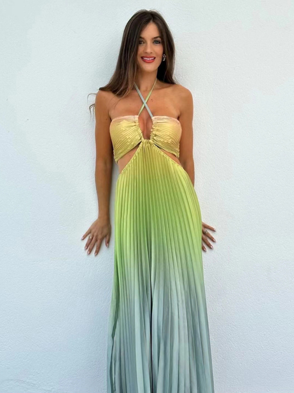 Gradient color halter neck pleated fashion long skirt ladies beach holiday dress-chiquechics