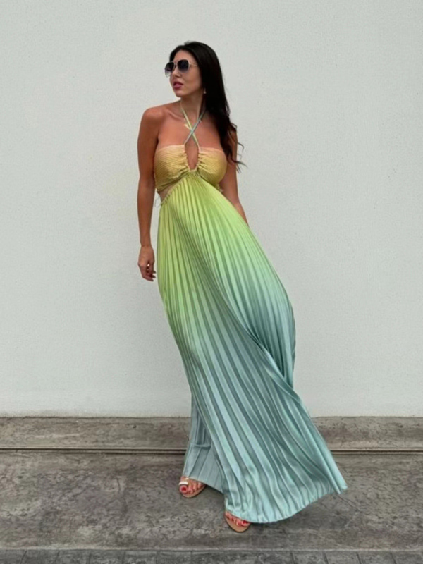 Gradient color halter neck pleated fashion long skirt ladies beach holiday dress-chiquechics