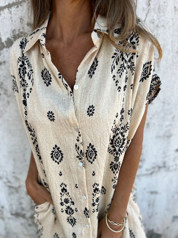 Women's Loose Casual Short Sleeve Cotton and Linen Shirt Pocket Printed Dress-chiquechics