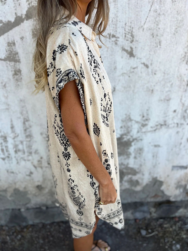Women's Loose Casual Short Sleeve Cotton and Linen Shirt Pocket Printed Dress-chiquechics