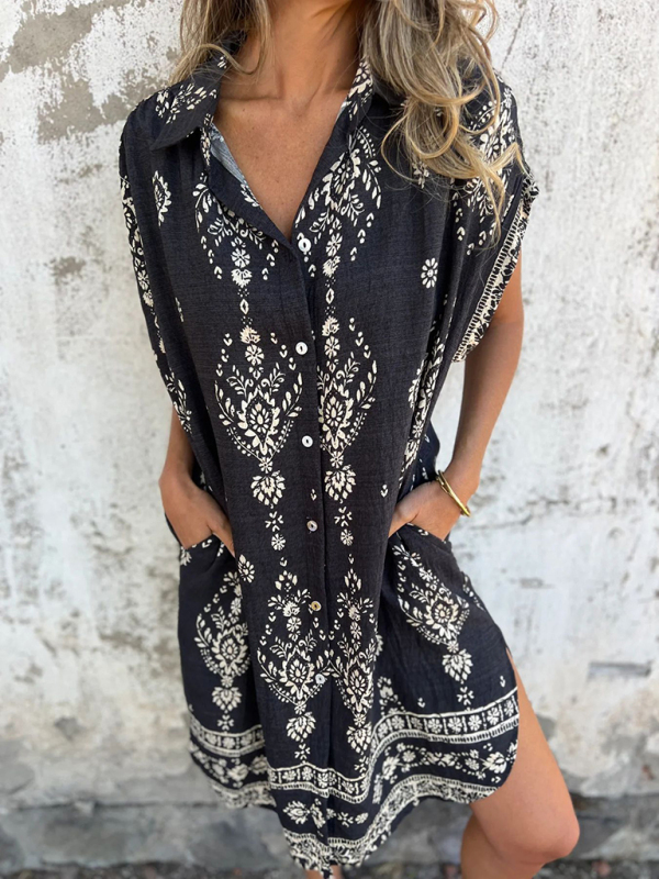 Women's Loose Casual Short Sleeve Cotton and Linen Shirt Pocket Printed Dress-chiquechics