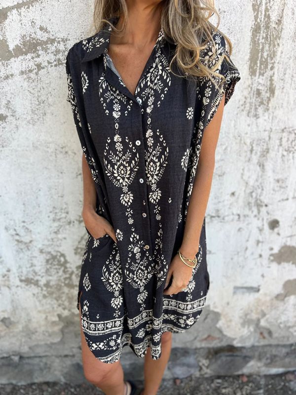 Women's Loose Casual Short Sleeve Cotton and Linen Shirt Pocket Printed Dress-chiquechics