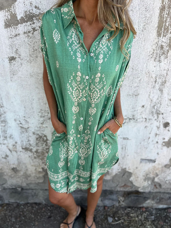 Women's Loose Casual Short Sleeve Cotton and Linen Shirt Pocket Printed Dress-chiquechics