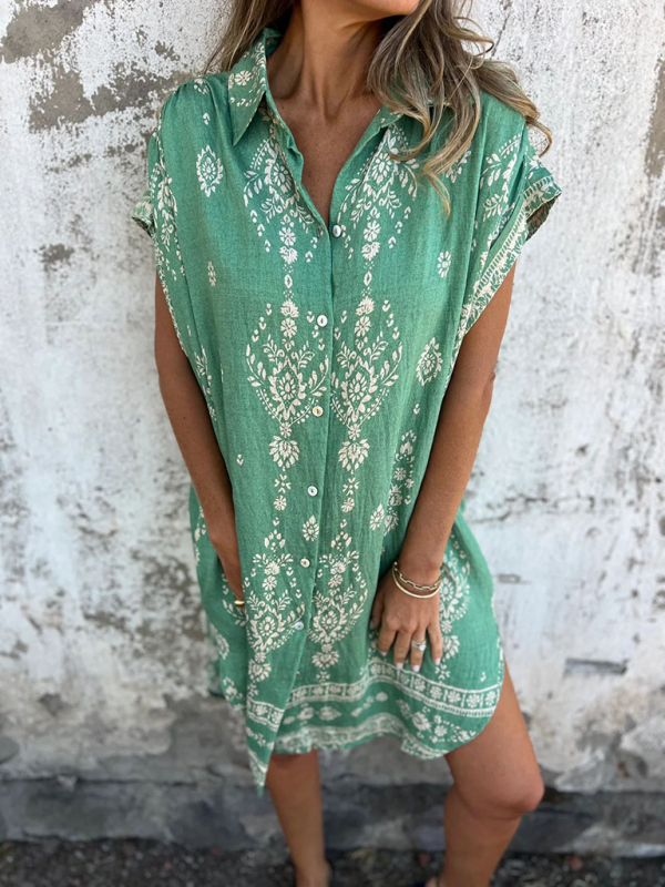 Women's Loose Casual Short Sleeve Cotton and Linen Shirt Pocket Printed Dress-chiquechics