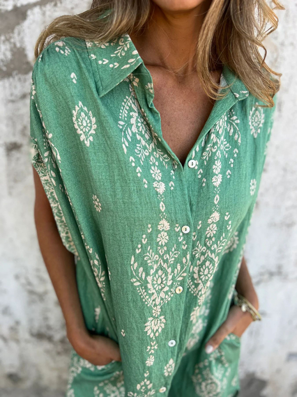 Women's Loose Casual Short Sleeve Cotton and Linen Shirt Pocket Printed Dress-chiquechics