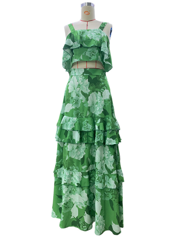 Fashionable holiday style camisole top with printed ruffle skirt two-piece set-chiquechics