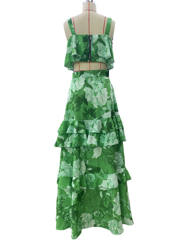 Fashionable holiday style camisole top with printed ruffle skirt two-piece set-chiquechics