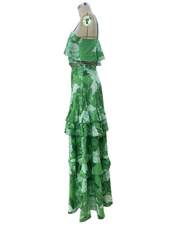 Fashionable holiday style camisole top with printed ruffle skirt two-piece set-chiquechics
