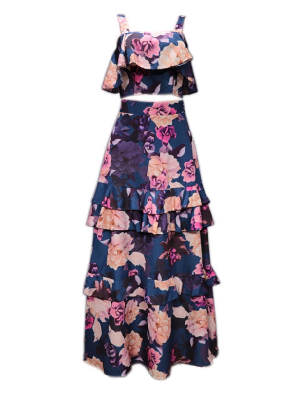 Fashionable holiday style camisole top with printed ruffle skirt two-piece set-chiquechics