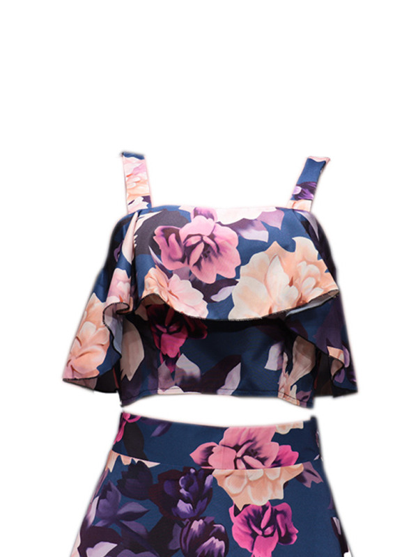 Fashionable holiday style camisole top with printed ruffle skirt two-piece set-chiquechics
