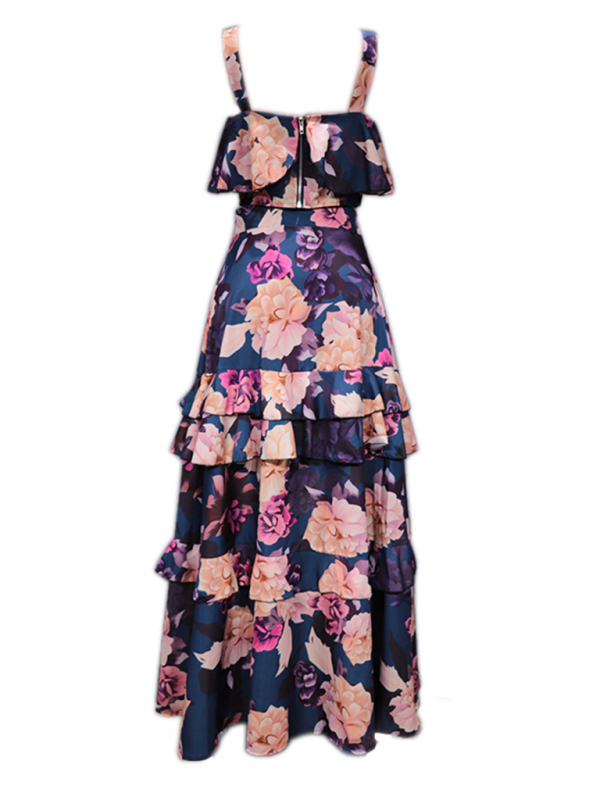 Fashionable holiday style camisole top with printed ruffle skirt two-piece set-chiquechics