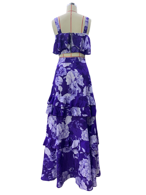 Fashionable holiday style camisole top with printed ruffle skirt two-piece set-chiquechics