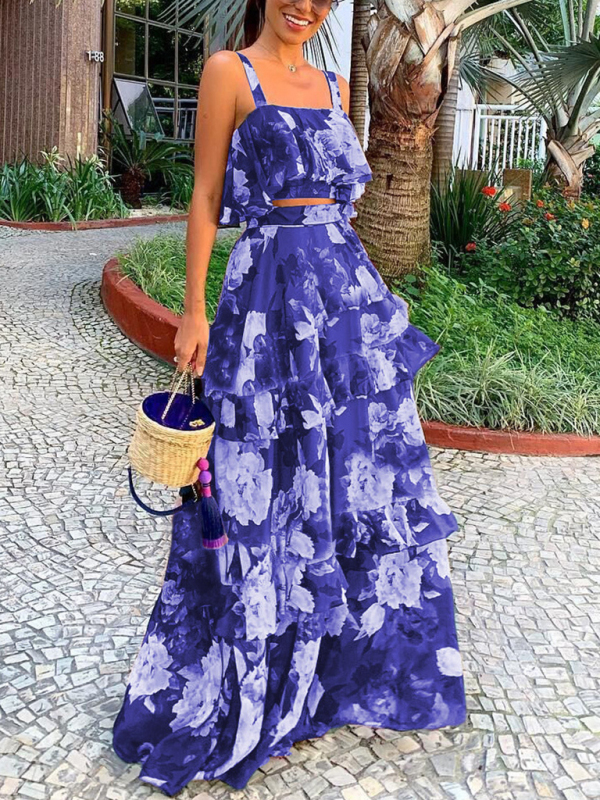 Fashionable holiday style camisole top with printed ruffle skirt two-piece set-chiquechics