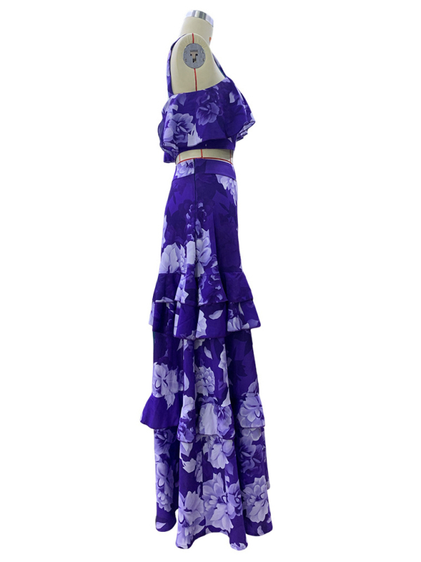 Fashionable holiday style camisole top with printed ruffle skirt two-piece set-chiquechics