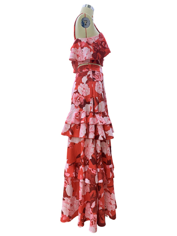 Fashionable holiday style camisole top with printed ruffle skirt two-piece set-chiquechics