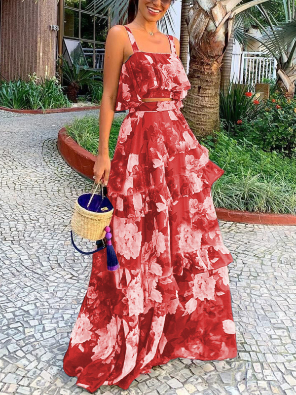 Fashionable holiday style camisole top with printed ruffle skirt two-piece set-chiquechics