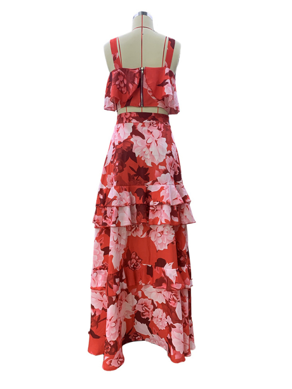 Fashionable holiday style camisole top with printed ruffle skirt two-piece set-chiquechics
