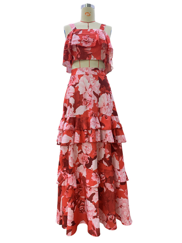 Fashionable holiday style camisole top with printed ruffle skirt two-piece set-chiquechics